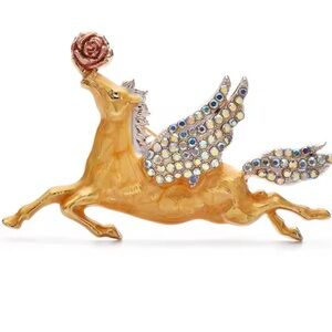 Golden Angel Horse Pegasus Brown Brooch with Rose Accent